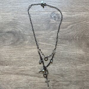 Vintage Y2K Gothic Layered Gunmetal Cross Pendant Steampunk Necklace